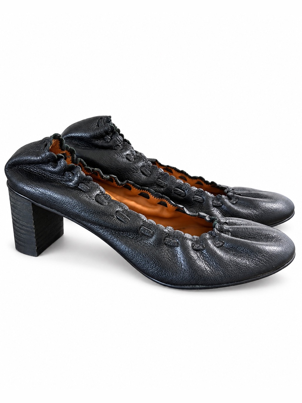 See by Chloรฉ Jane Black Leather Scalloped Ruched Block Heel Pumps 37